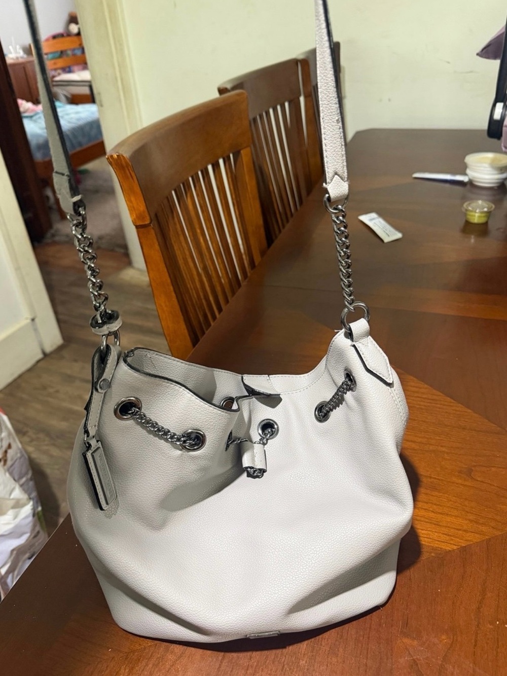 Victoria's Secret White Leather Drawstring Hobo Bag with Chain Strap